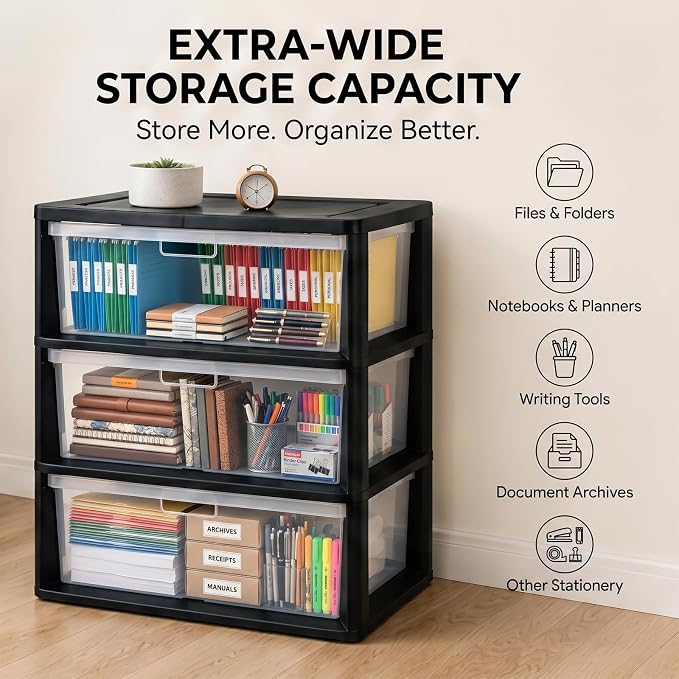 3 Drawer Storage Tower, Wide Plastic Floor Organizer - Image 3