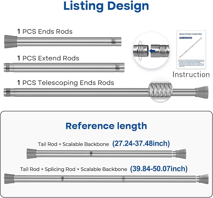 Tension Rods for Windows 28 to 48 Inch Silver Tension Curtain Rod Spring Rods - Image 2