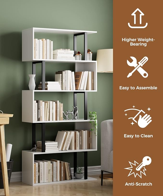 5 Tier Geometric Bookcase, S Shaped Bookshelf, Wood Decorative Storage Shelving - Image 4