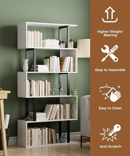 5 Tier Geometric Bookcase, S Shaped Bookshelf, Wood Decorative Storage Shelving - Image 4