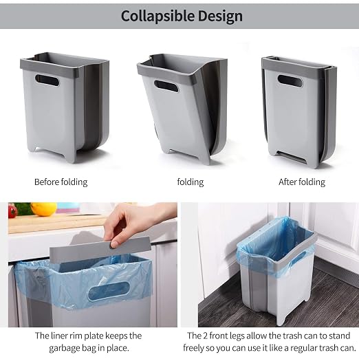 Hanging Collapsible Trash Can - 9L Wall Mounted Foldable Waste Bin - Image 3