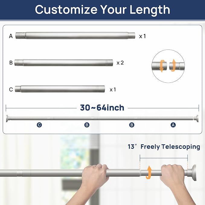 ENJOYBASICS 1" Nickel Shower Curtain Rod, 30-64" Adjustable, Secure Tension | - Image 2