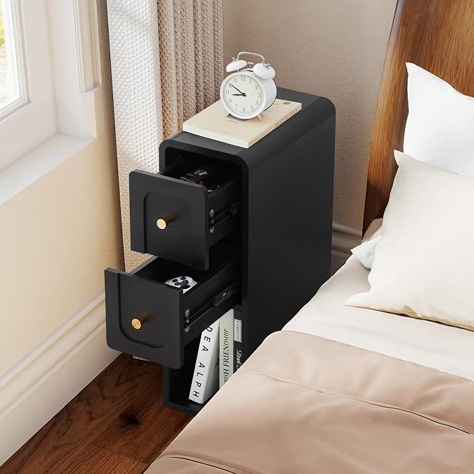 Narrow Nightstand with 2 Drawers, Small Bedside Tables, Mid-Century Modern Slim - Image 5