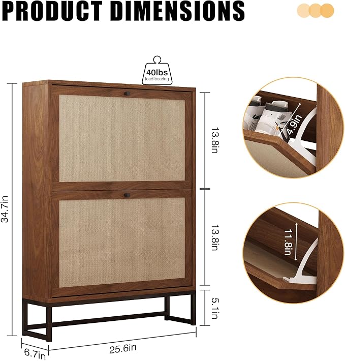 Rattan Shoe Cabinet with 2 Flip Drawers, Simple Setup Hidden Shoe Rack - Image 2