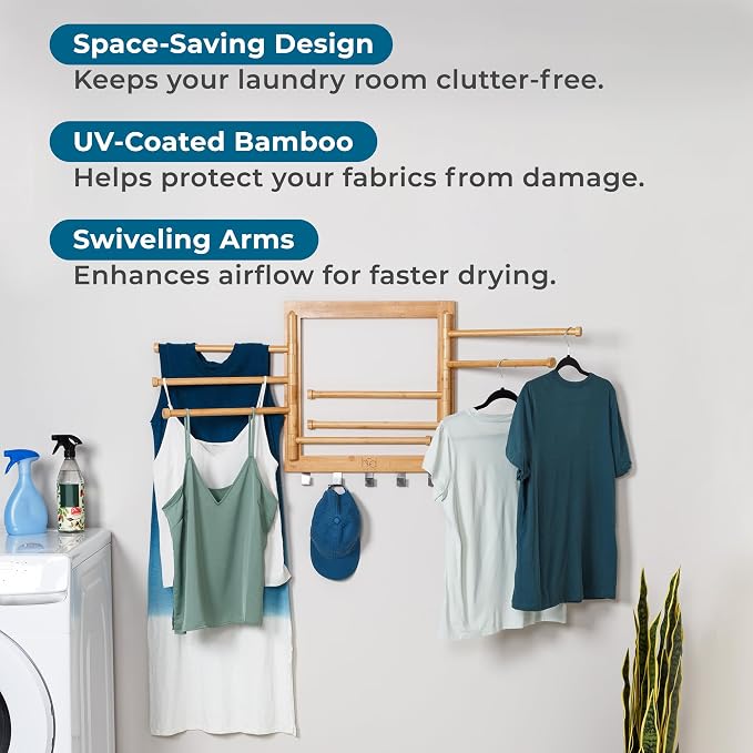 Honey-Can-Do Bamboo Wall-Mount Swivel-Arm Drying Rack, 80 lb, Natural | - Image 7