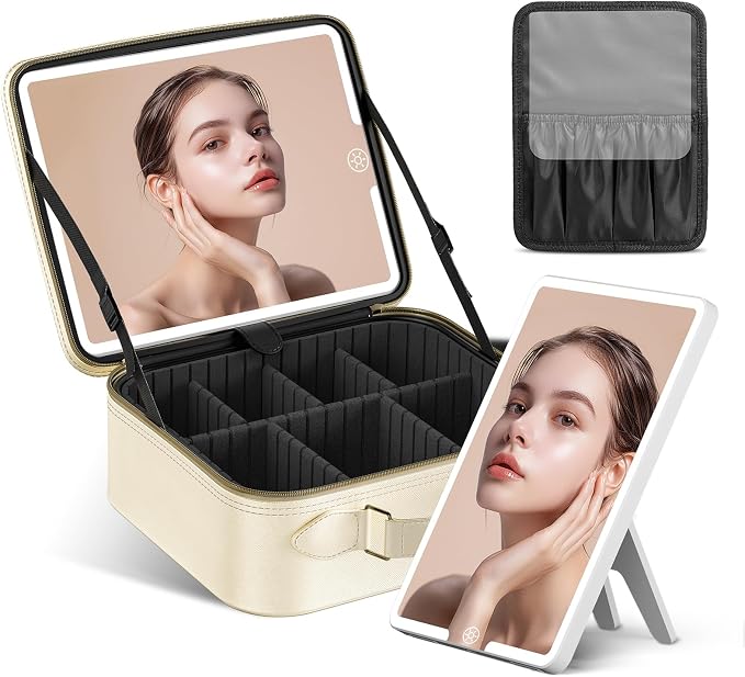 JUSRON Travel Makeup Bag With LED Mirror, Cosmetic Train Case with Light up by JUSRON