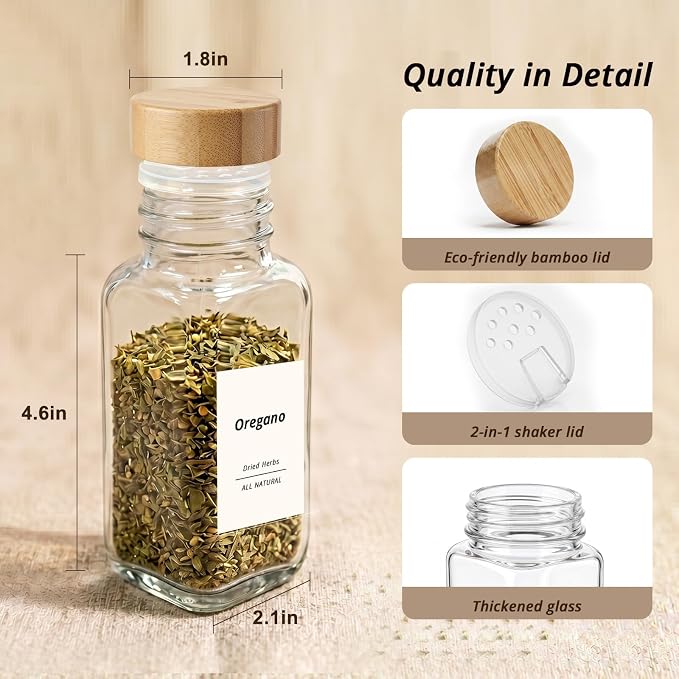 SHOWIN Spice Jars with Label, 6oz Spice Containers with Bamboo Lids 12pcs - Image 2