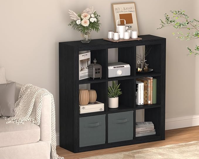 Bookshelf with Storage Bins, 9-Cube Storage Organizer Sturdy Wooden Bookcase - Image 2