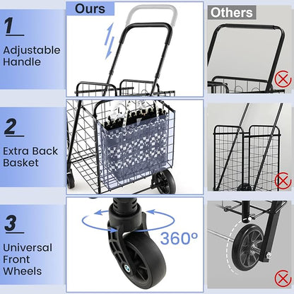 Goplus Folding Shopping Utility Cart, Double Basket and 360° Swivel Wheels - Image 3
