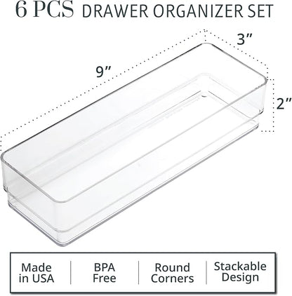 STORi SimpleSort 6-Piece Stackable Clear Drawer Organizer Set | 9" x 3" x 2" - Image 2