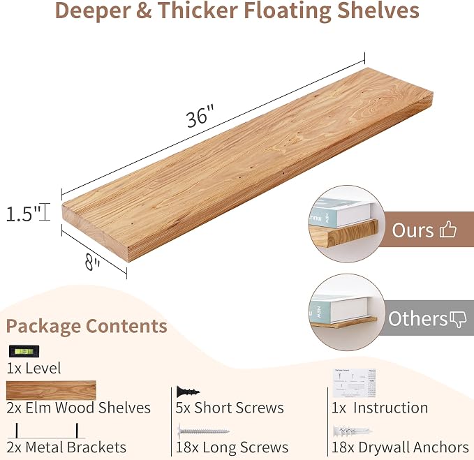 Axeman Floating Shelves for Wall, 8 Inch Deep Rustic Solid Elm Wood Wall - Image 3