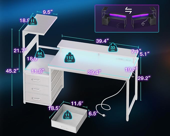 AODK 52 Inch Gaming Desk with USB Charging Ports & LED Light- Reversible - Image 3