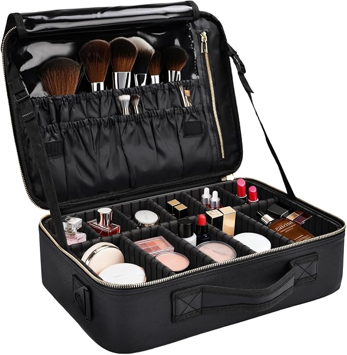 Travel Makeup Bag with Brush Holder, Professional Cosmetic Train Case Organizer by Greenfeather