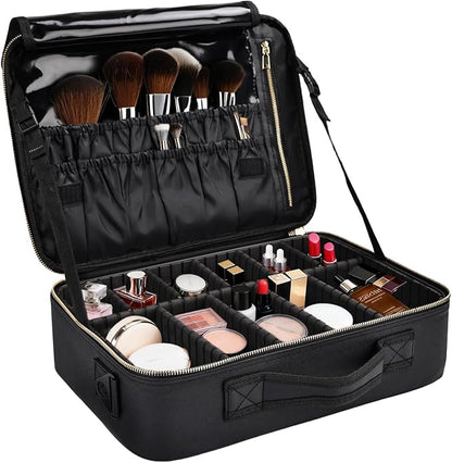 Travel Makeup Bag with Brush Holder, Professional Cosmetic Train Case Organizer by Greenfeather