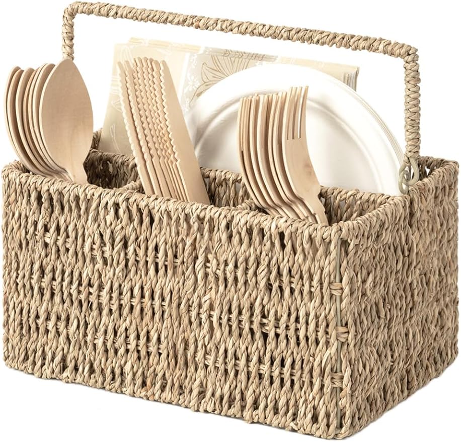 StorageWorks Wicker Flatware Organizer, Hand Woven Seagrass Cutlery Holder by StorageWorks