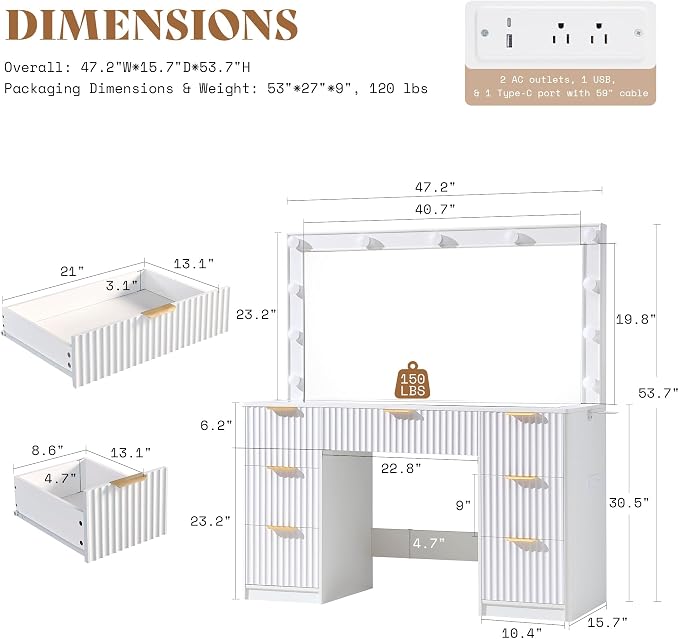 AMERLIFE 47.2" Fluted Vanity Desk - Image 3
