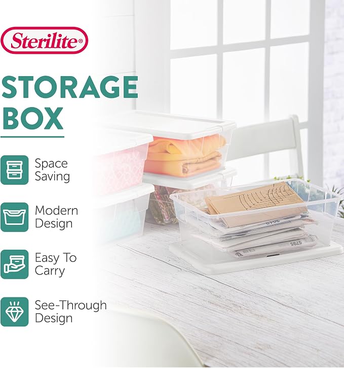 Sterilite 12-Pack 6 Quart Storage Boxes, Stackable Clear Plastic Bins - Image 2