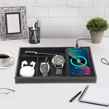 TopMade Valet Tray with Wireless Charging Pad Nightstand Organizer, Leather - Image 2
