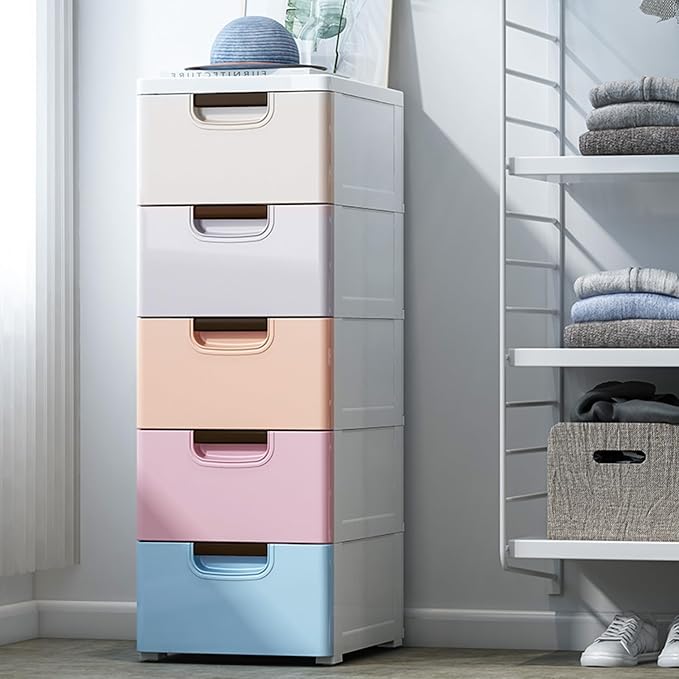 5 Drawer Stackable Storage Tower, Plastic Drawers Dresser, Narrow Rolling - Image 8