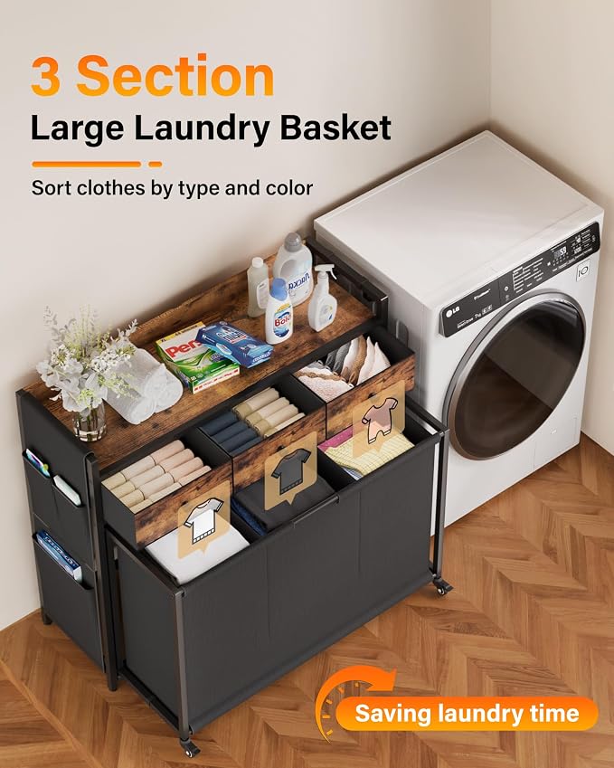 Laundry Hamper Sorter 3 Section: Rolling Laundry Basket Organizer - Image 2