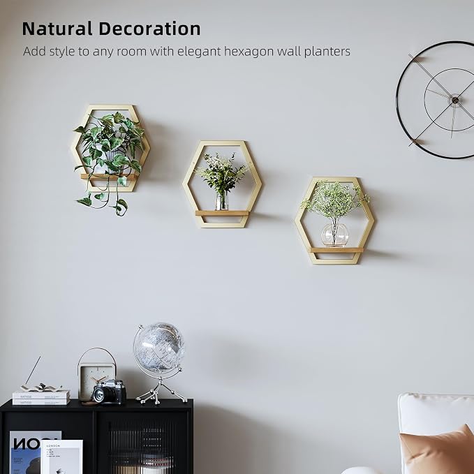 3 Pack Solid Wood & Metal Framework Wall Plant Stands, 9 inch Natural Wood - Image 2