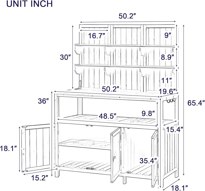 Merax Potting Bench, 50.2" W Solid Fir Wood Garden Workstation, Large Countertop - Image 2