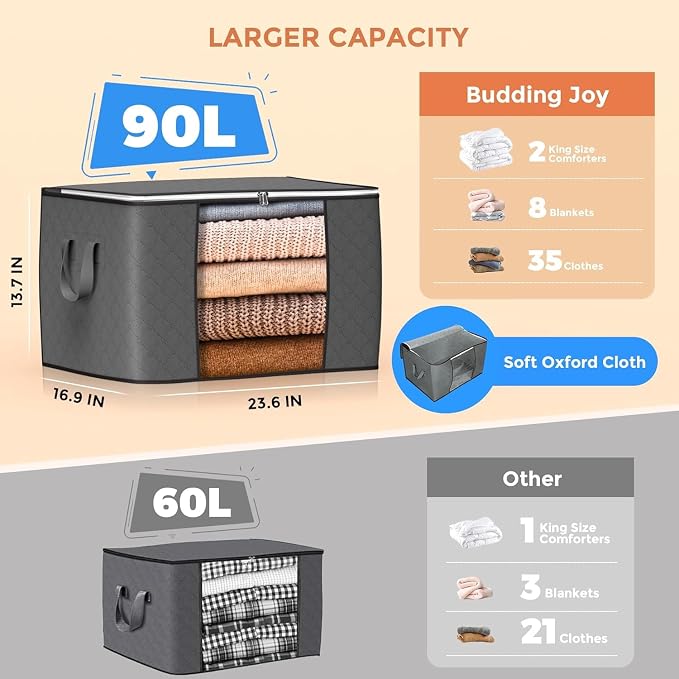 90 L Large Storage Bags, 6 Pack Clothes Storage Bins Foldable Closet Organizers - Image 2