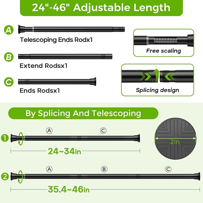 Black Small Shower Curtain Rod 24 to 46 Inches Adjustable, 3/4 Inch Diameter - Image 7