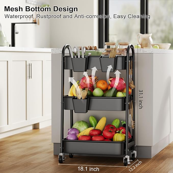 3 Tier Rolling Cart Metal with Wheels, Heavy Duty Three Tiered Rolling Storage - Image 7
