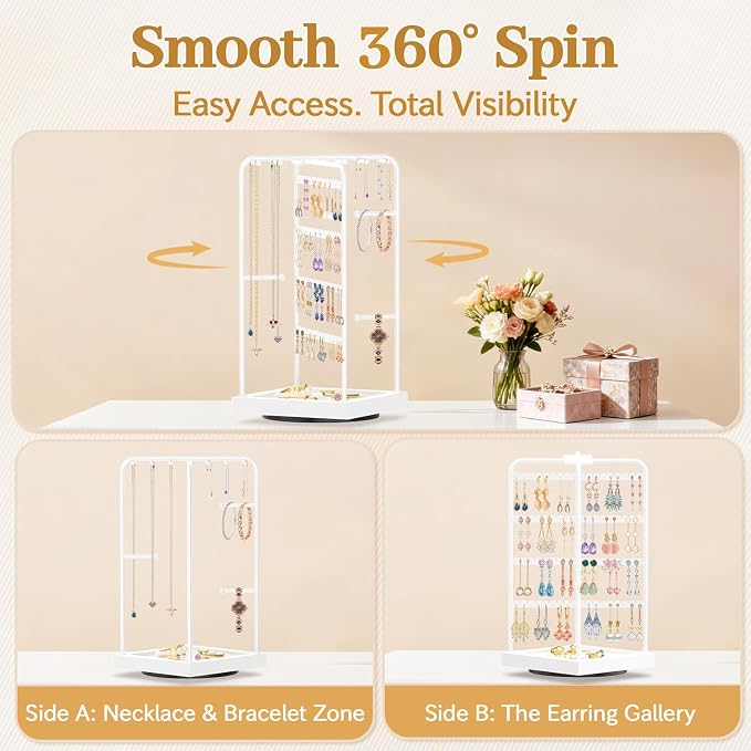 MODOWEY Earring Necklace Holder Organizer Wood Rotating Jewelry Tree, Spinning - Image 3
