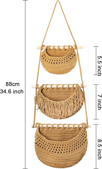 Lawei 3 Tier Hanging Fruit Basket, Wall Hanging Vegetable Fruit Baskets Cotton - Image 2