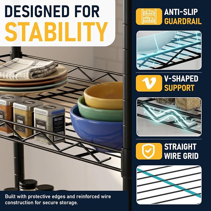 FDW 5 Tier 22L x 12W x 48H Pantry Shelves Adjustable Storage Rack Metal Shelf - Image 7