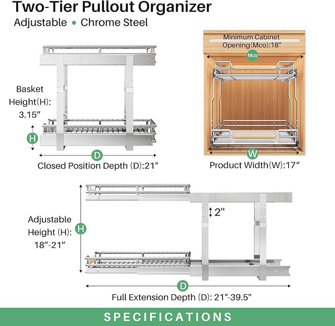 Pull out Cabinet Organizer, 2 Tiers 17"W X 21"D, Heavy Duty Smooth Sliding - Image 3