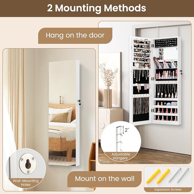 CHARMAID Jewelry Cabinet Wall or Door Mounted, Hanging Lockable Jewelry Armoire - Image 4