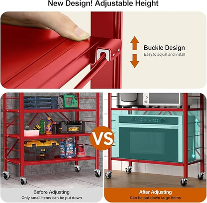 Himix 6-Tier Expandable Storage Shelves Wheels Foldable Rack Red No Assembly - Image 4