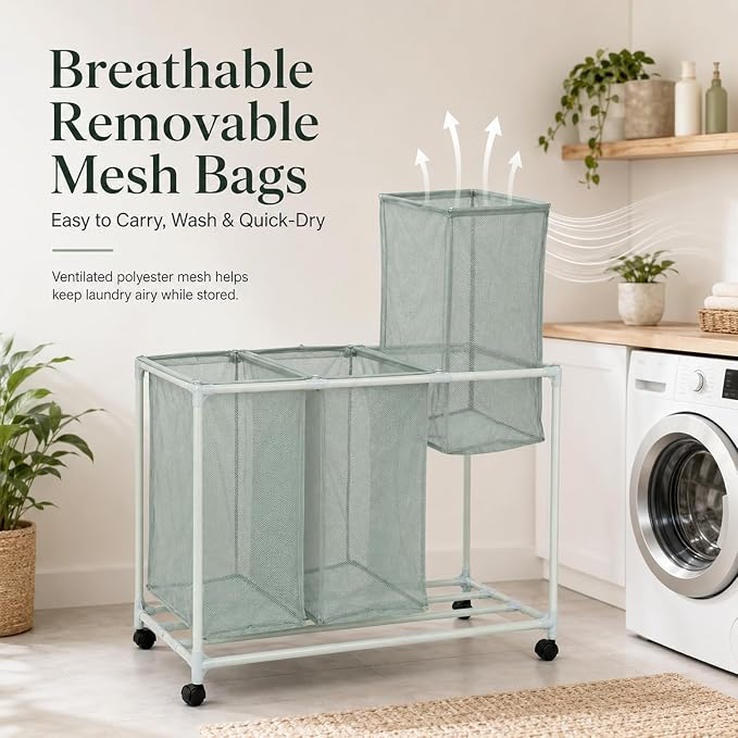 3-Bag Mesh Rolling Laundry Sorter Cart, Soft Silver, Removable Washable Bags - Image 4