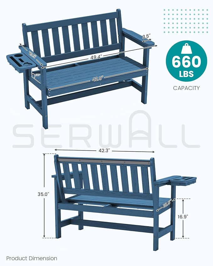 SERWALL HDPE Outdoor Bench, Weatherproof Porch Bench, 1 Pack, Suitable - Image 3