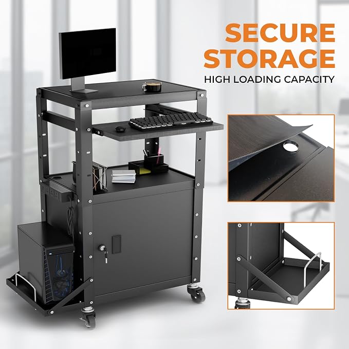 Mobile AV Cart with Side Shelves, Rolling Computer Cart Height Adjustable - Image 7