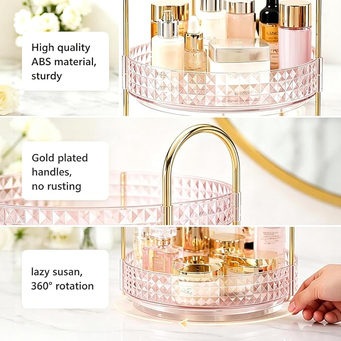Fangoo 3 Tiers Pink Rotating Makeup Organizer - Image 3