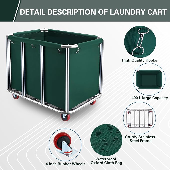 Commercial Laundry Cart with Wheels, 11.35 Bushel Commercial Laundry Hamper - Image 4