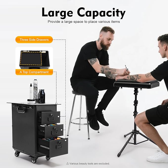 Rolling Makeup Case, 3 Drawers Tattoo Travel Case Makeup Case - Image 4