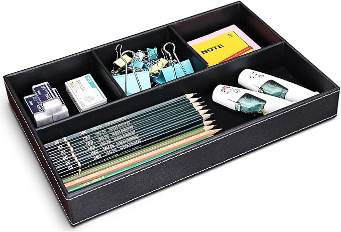 KINGFOM Pu Leather Desk Organizer Tray, 4 Compartment Office Storage Supplies - Image 5