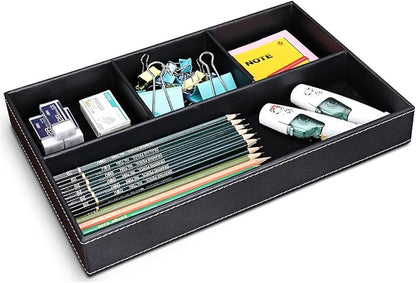 KINGFOM Pu Leather Desk Organizer Tray, 4 Compartment Office Storage Supplies - Image 5