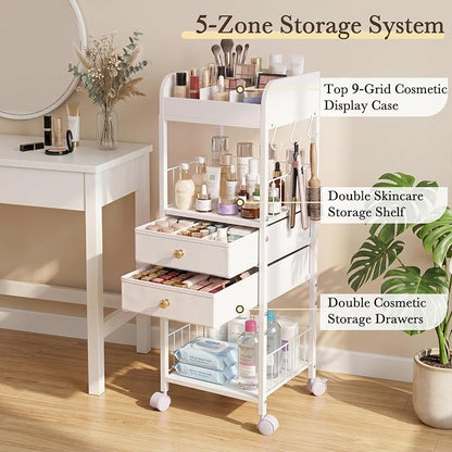 Makeup Organizer Cart with Drawers & 8 Dividers, Rolling Beauty Cart with Hooks - Image 8