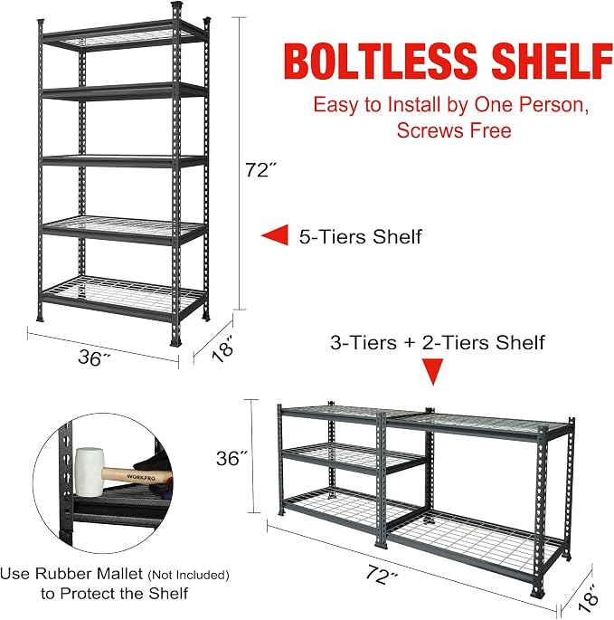 WORKPRO 5-Tier Metal Garage Shelving Unit, 36”W x 18”D x 72”H Storage Shelves - Image 5