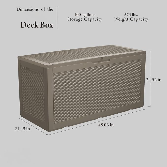 100 Gallon Deck Box, Resin Outdoor Indoor Waterproof Storage Box, Lockable - Image 2