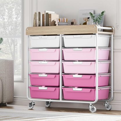 10 Drawers Rolling Cart with Wooden Tabletop, Utility Storage Cart with Wheels - Image 9