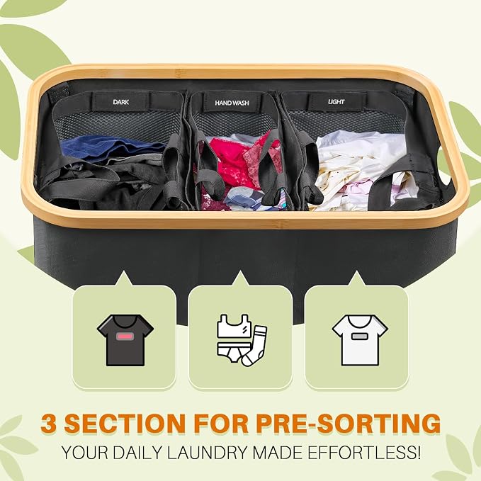145L Laundry Hamper with Lid, 3 Section Laundry Basket with 3 Removable Bag | - Image 4