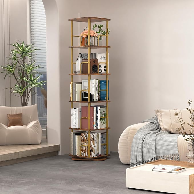Lauxery 5 Tier Wooden Rotating Bookshelf, Metal Frame, 64 in Tall | 1000lbs - Image 7