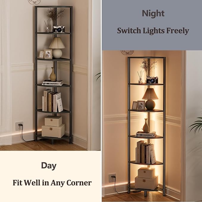6 Tier Corner Shelf with LED Light, 67.5" Black Narrow Bookshelf | Tall - Image 8